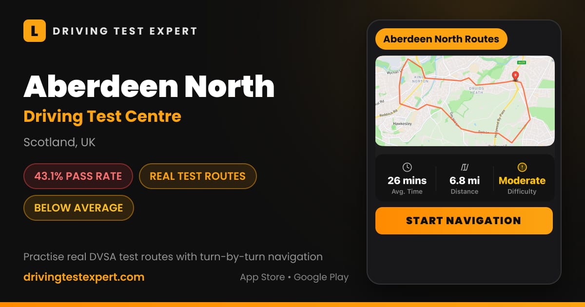Aberdeen North driving test centre – 43.1% pass rate, test routes and turn-by-turn navigation in the Test Routes Expert app (Scotland, UK)