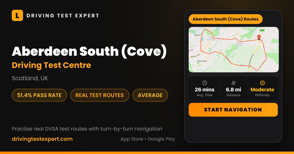 Aberdeen South (Cove) driving test centre – 51.4% pass rate, test routes and turn-by-turn navigation in the Test Routes Expert app (Scotland, UK)