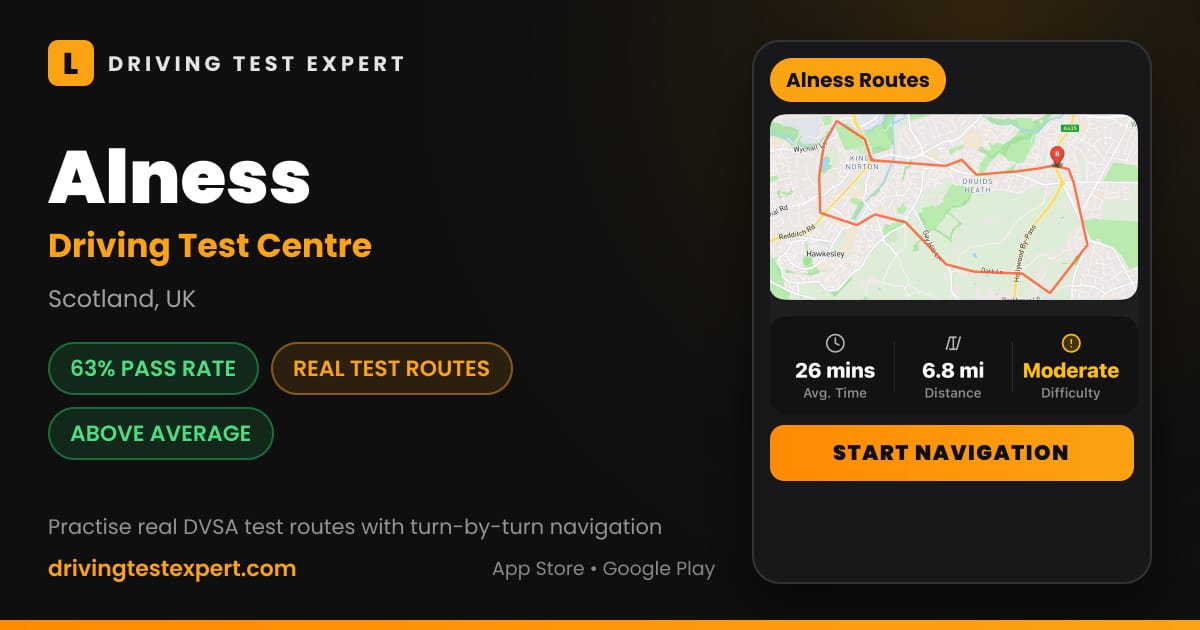Alness driving test centre – 63% pass rate, test routes and turn-by-turn navigation in the Test Routes Expert app (Scotland, UK)