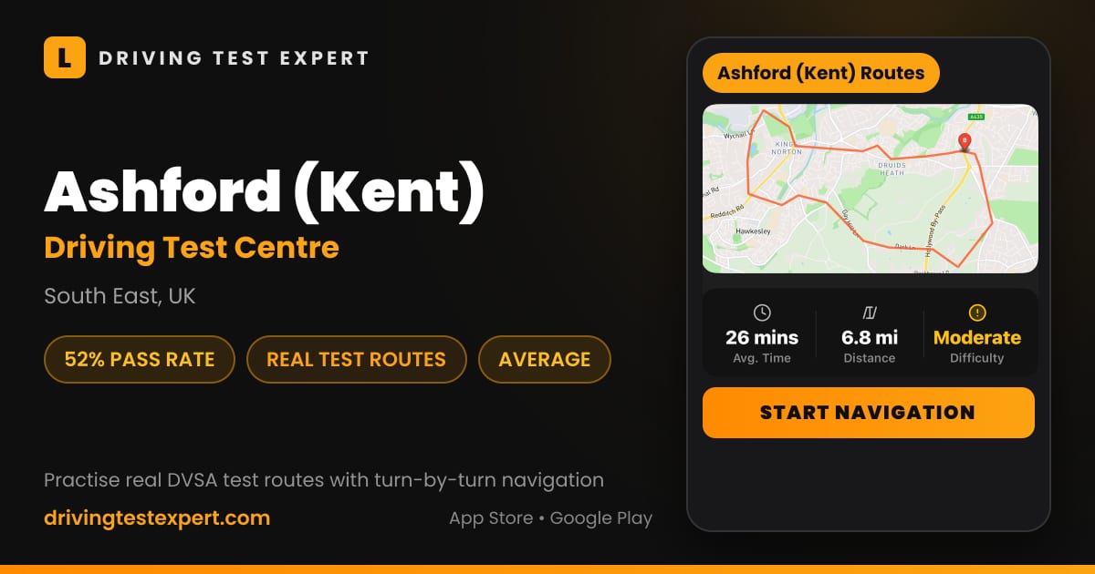Ashford (Kent) driving test centre – 52% pass rate, test routes and turn-by-turn navigation in the Test Routes Expert app (South East, UK)