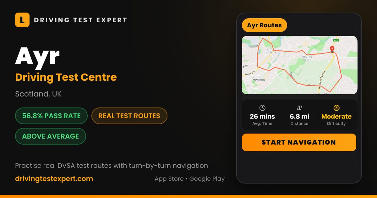 Ayr driving test centre – 56.8% pass rate, test routes and turn-by-turn navigation in the Test Routes Expert app (Scotland, UK)