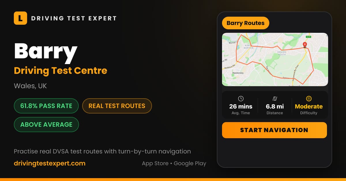 Barry driving test centre – 61.8% pass rate, test routes and turn-by-turn navigation in the Test Routes Expert app (Wales, UK)