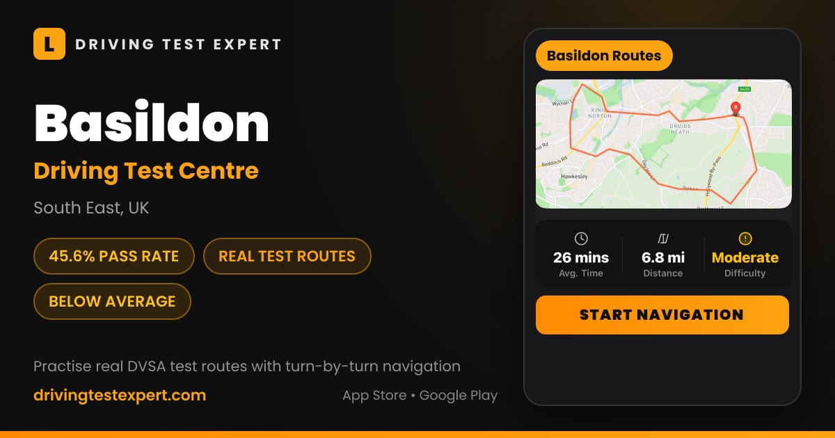 Basildon driving test centre – 45.6% pass rate, test routes and turn-by-turn navigation in the Test Routes Expert app (South East, UK)