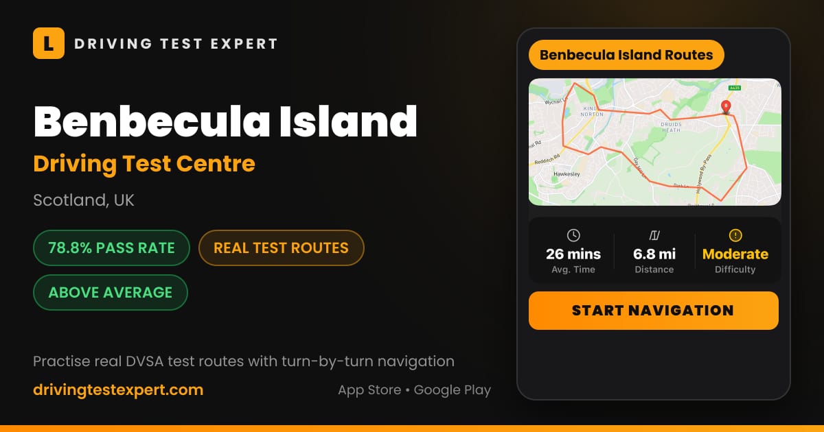 Benbecula Island driving test centre – 78.8% pass rate, test routes and turn-by-turn navigation in the Test Routes Expert app (Scotland, UK)