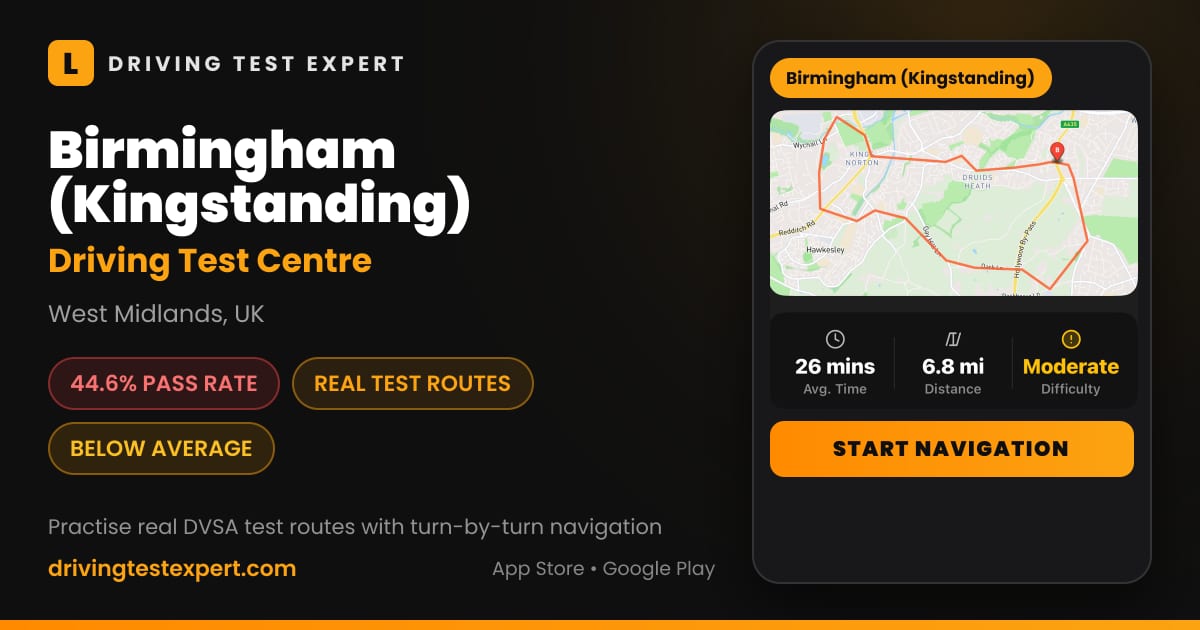 Birmingham (Kingstanding) driving test centre – 44.6% pass rate, test routes and turn-by-turn navigation in the Test Routes Expert app (West Midlands, UK)