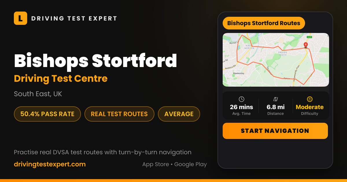 Bishops Stortford driving test centre – 50.4% pass rate, test routes and turn-by-turn navigation in the Test Routes Expert app (South East, UK)