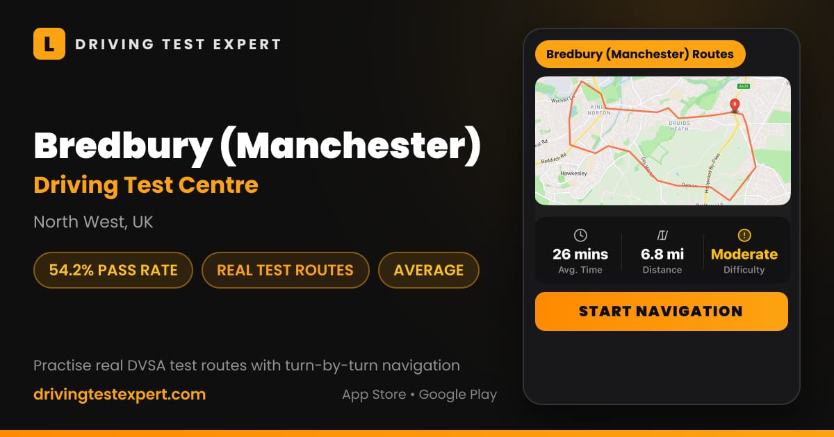 Bredbury (Manchester) driving test centre – 54.2% pass rate, test routes and turn-by-turn navigation in the Test Routes Expert app (North West, UK)