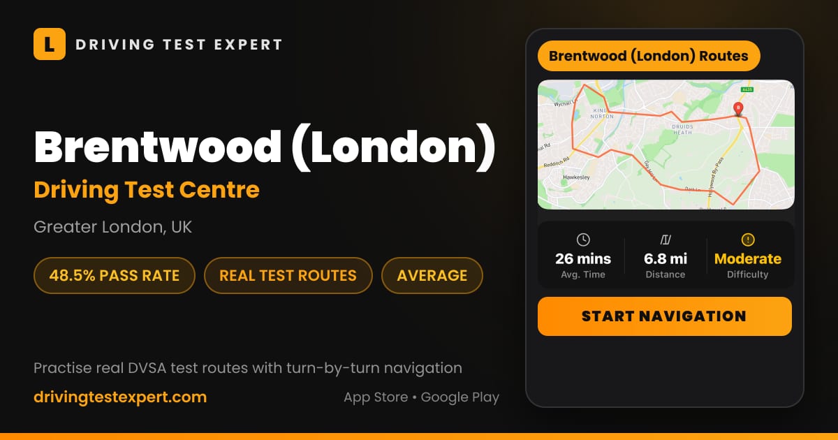 Brentwood (London) driving test centre – 48.5% pass rate, test routes and turn-by-turn navigation in the Test Routes Expert app (Greater London, UK)