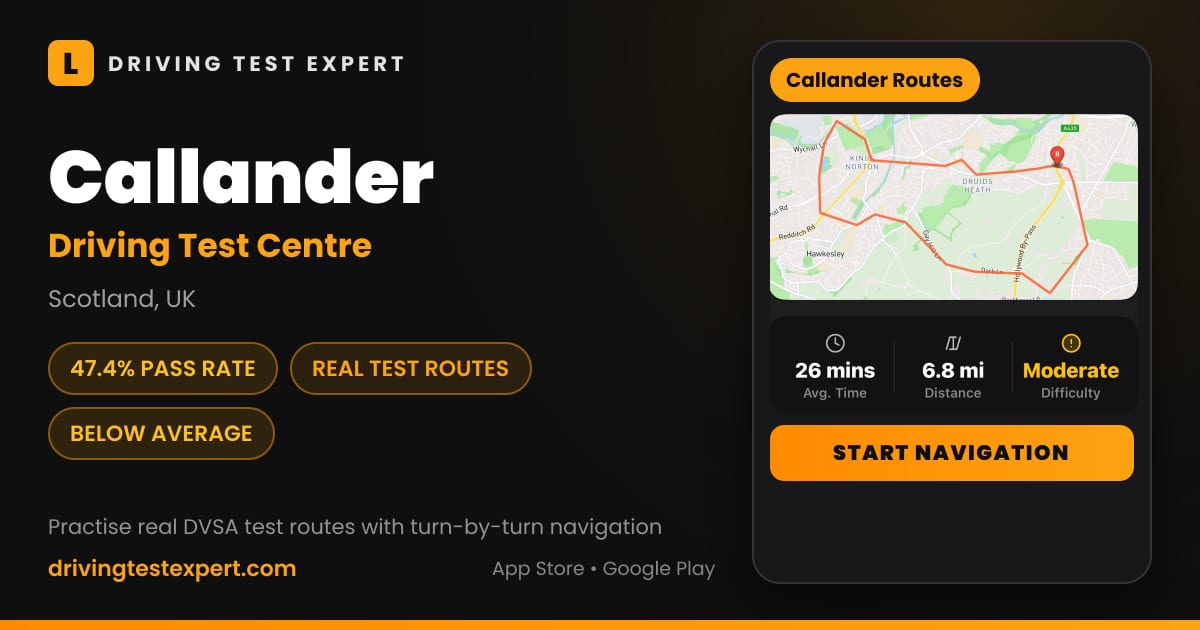 Callander driving test centre – 47.4% pass rate, test routes and turn-by-turn navigation in the Test Routes Expert app (Scotland, UK)