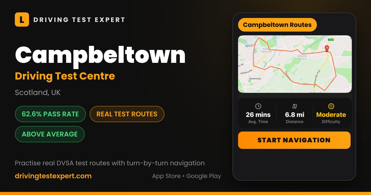 Campbeltown driving test centre – 62.6% pass rate, test routes and turn-by-turn navigation in the Test Routes Expert app (Scotland, UK)