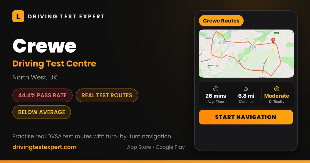 Crewe driving test centre – 44.4% pass rate, test routes and turn-by-turn navigation in the Test Routes Expert app (North West, UK)