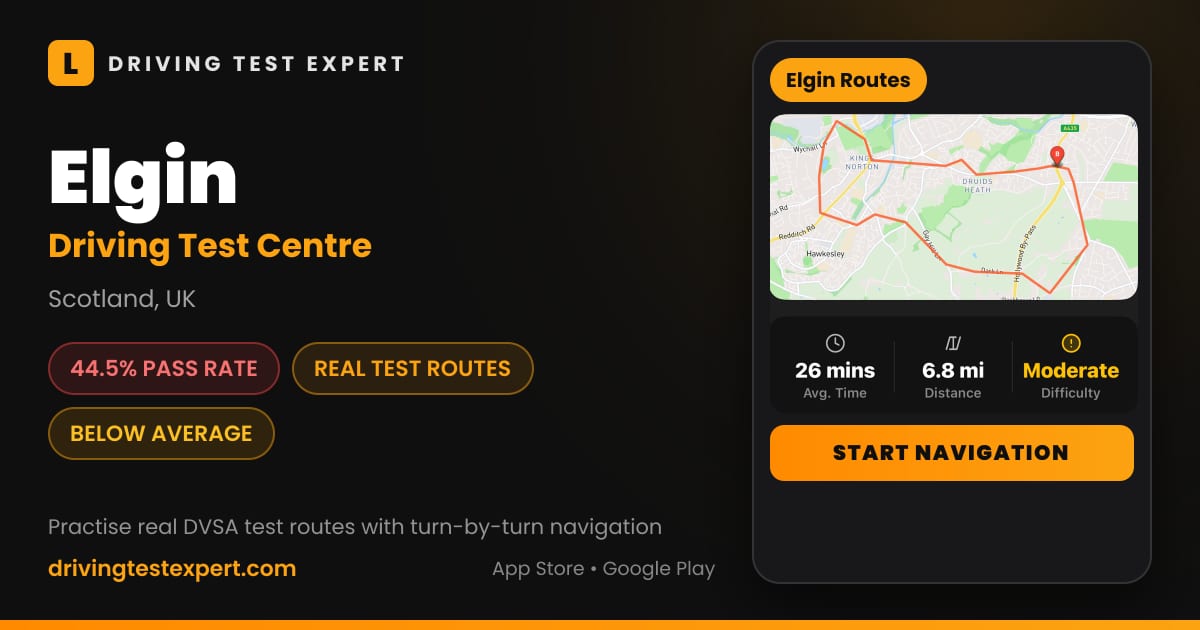 Elgin driving test centre – 44.5% pass rate, test routes and turn-by-turn navigation in the Test Routes Expert app (Scotland, UK)