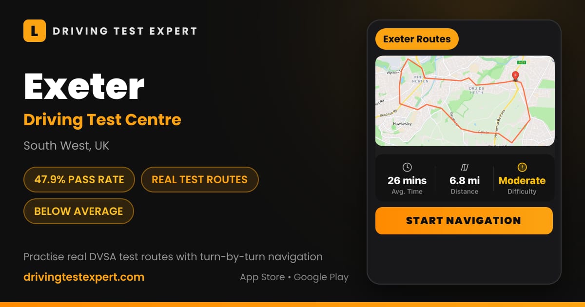 Exeter driving test centre – 47.9% pass rate, test routes and turn-by-turn navigation in the Test Routes Expert app (South West, UK)