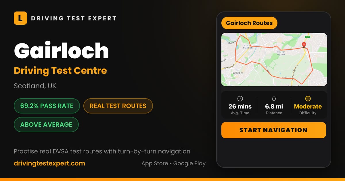 Gairloch driving test centre – 69.2% pass rate, test routes and turn-by-turn navigation in the Test Routes Expert app (Scotland, UK)