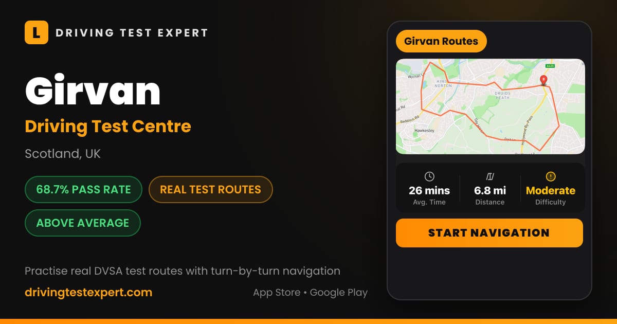 Girvan driving test centre – 68.7% pass rate, test routes and turn-by-turn navigation in the Test Routes Expert app (Scotland, UK)