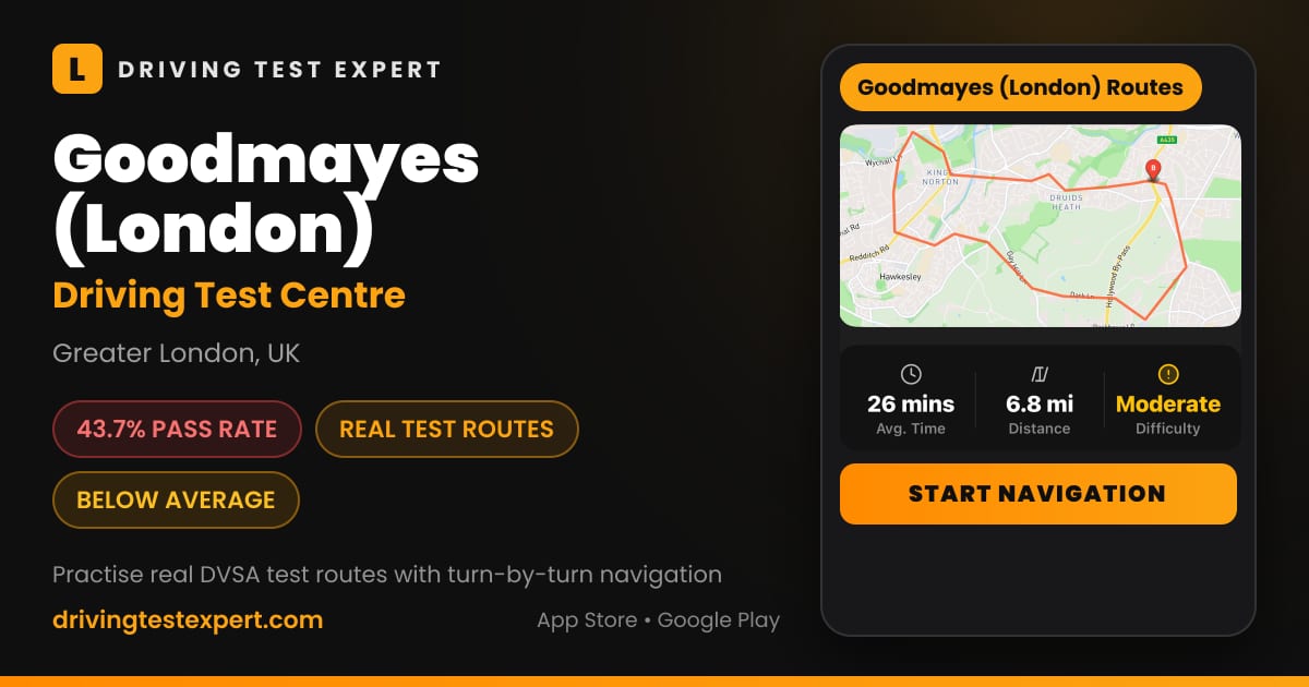 Goodmayes (London) driving test centre – 43.7% pass rate, test routes and turn-by-turn navigation in the Test Routes Expert app (Greater London, UK)