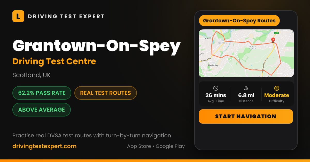 Grantown-On-Spey driving test centre – 62.2% pass rate, test routes and turn-by-turn navigation in the Test Routes Expert app (Scotland, UK)