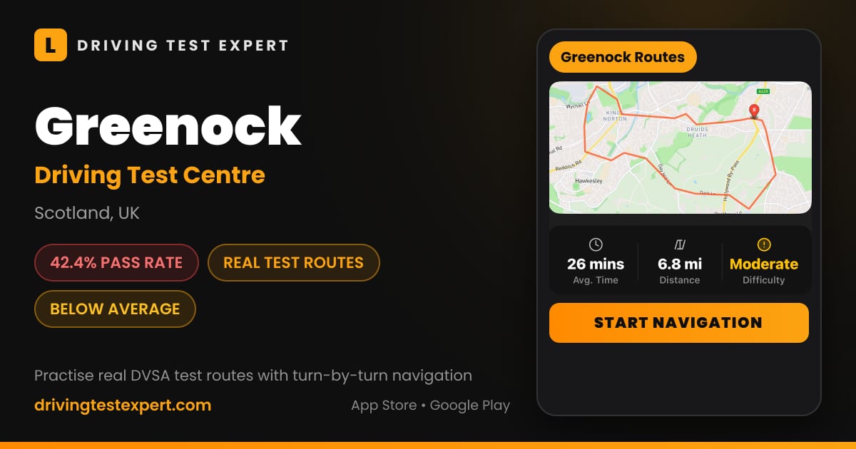 Greenock driving test centre – 42.4% pass rate, test routes and turn-by-turn navigation in the Test Routes Expert app (Scotland, UK)