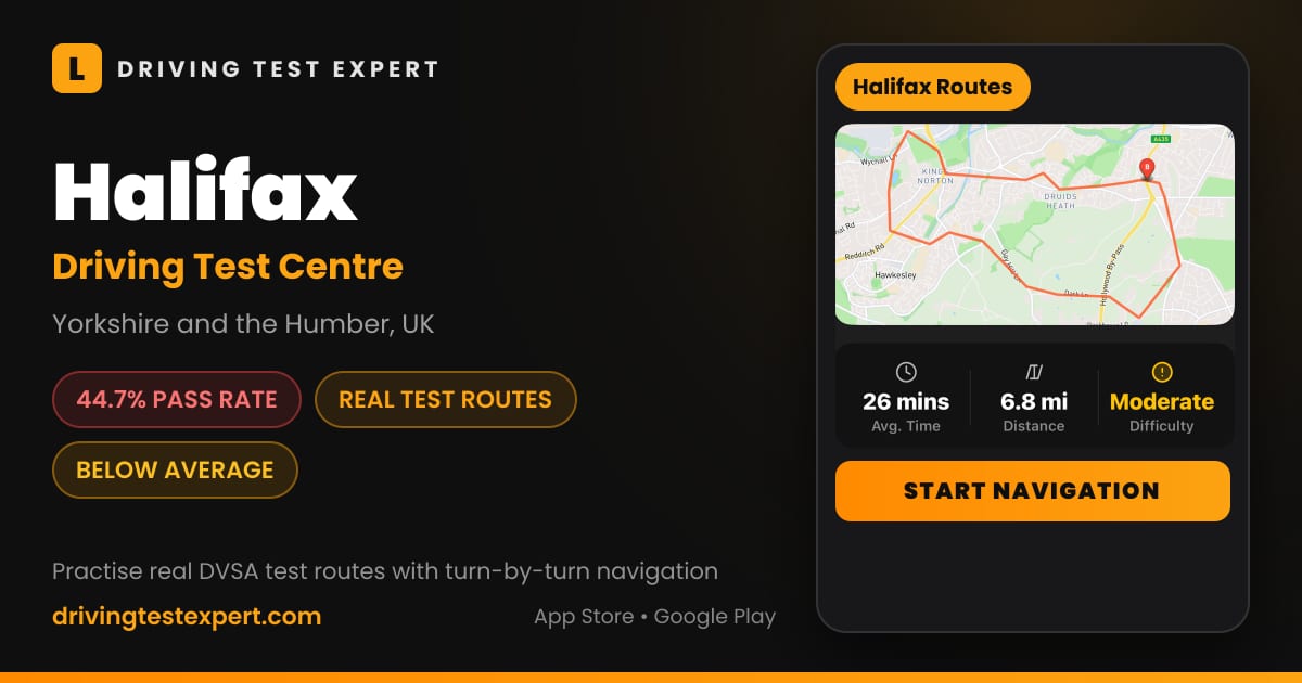 Halifax driving test centre – 44.7% pass rate, test routes and turn-by-turn navigation in the Test Routes Expert app (Yorkshire and the Humber, UK)