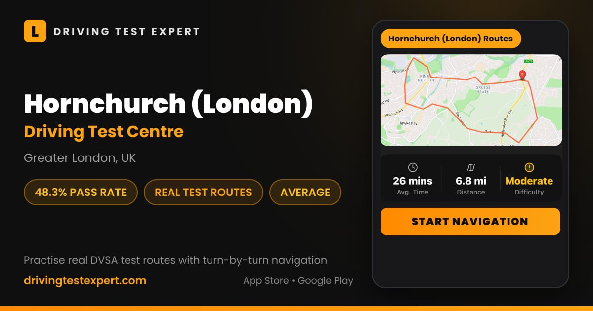 Hornchurch (London) driving test centre – 48.3% pass rate, test routes and turn-by-turn navigation in the Test Routes Expert app (Greater London, UK)