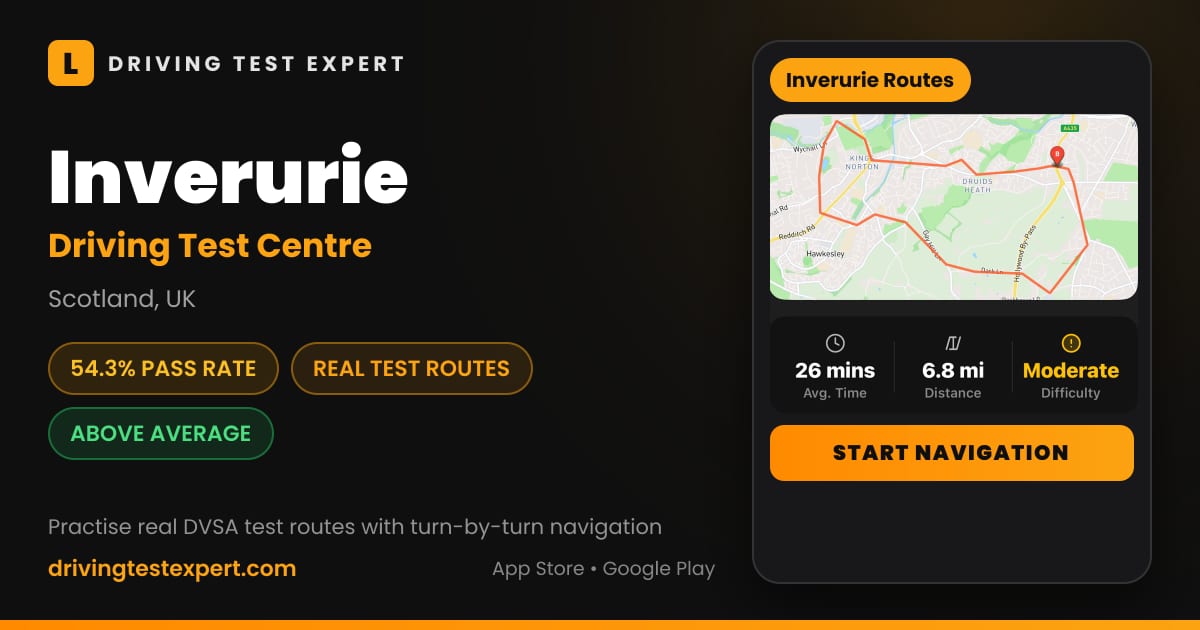 Inverurie driving test centre – 54.3% pass rate, test routes and turn-by-turn navigation in the Test Routes Expert app (Scotland, UK)