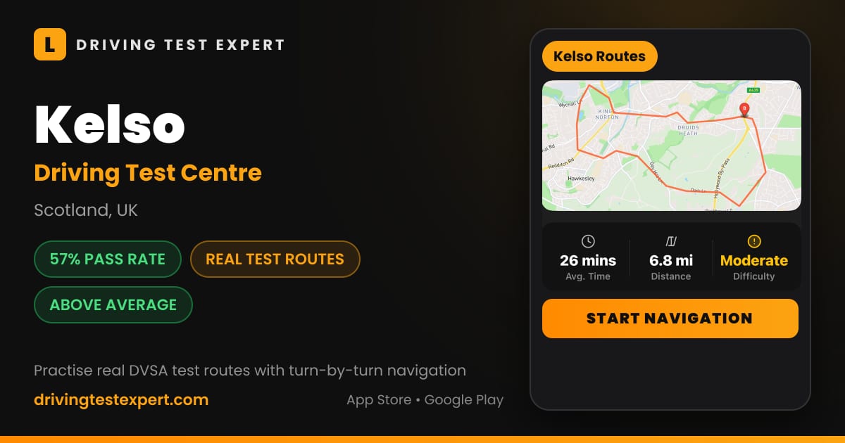 Kelso driving test centre – 57% pass rate, test routes and turn-by-turn navigation in the Test Routes Expert app (Scotland, UK)