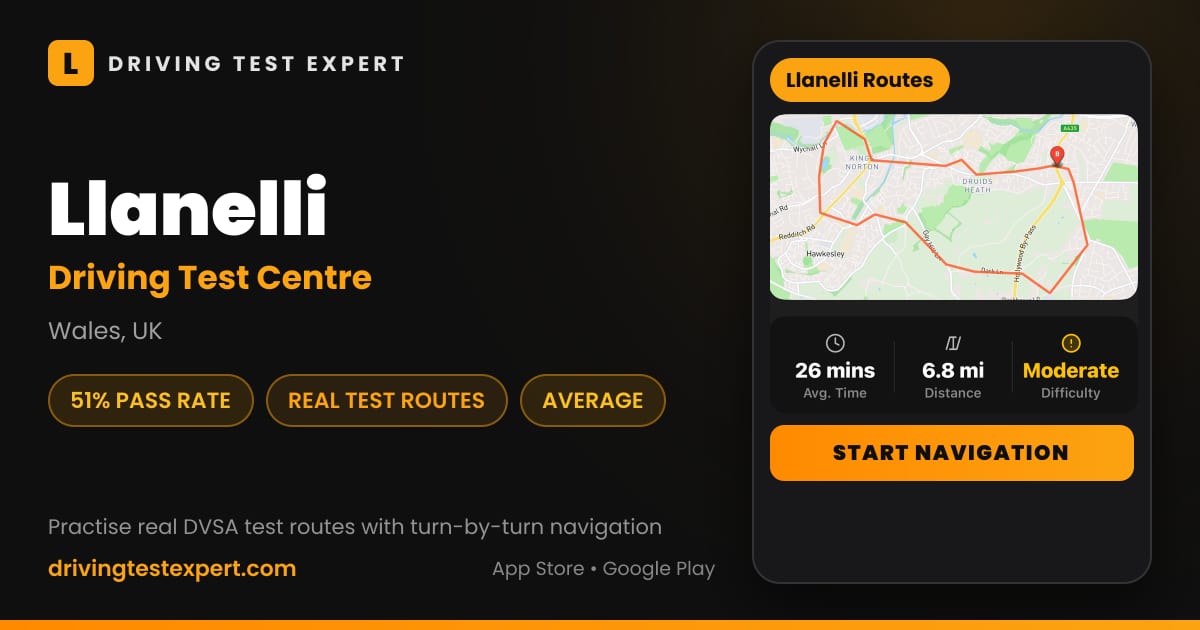 Llanelli driving test centre – 51% pass rate, test routes and turn-by-turn navigation in the Test Routes Expert app (Wales, UK)