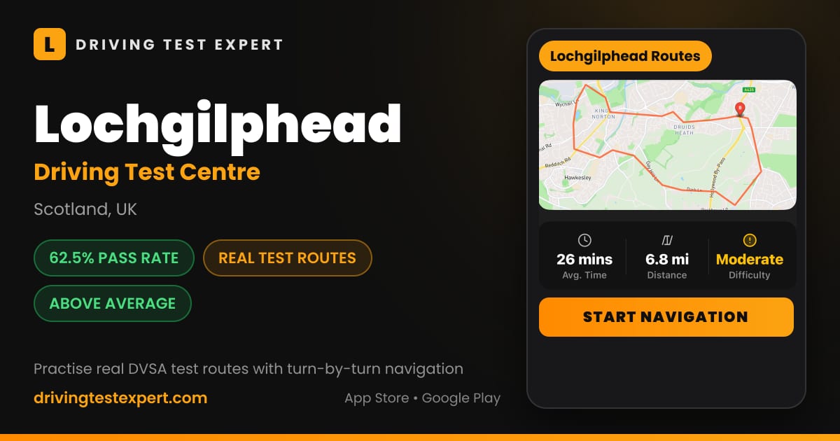 Lochgilphead driving test centre – 62.5% pass rate, test routes and turn-by-turn navigation in the Test Routes Expert app (Scotland, UK)