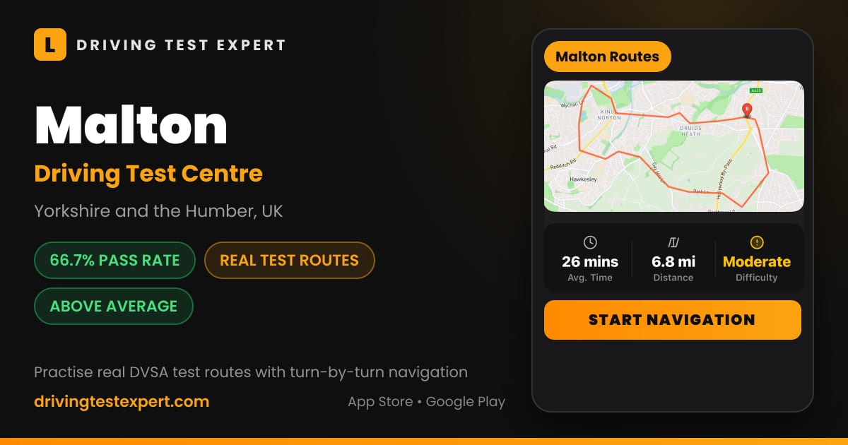 Malton driving test centre – 66.7% pass rate, test routes and turn-by-turn navigation in the Test Routes Expert app (Yorkshire and the Humber, UK)