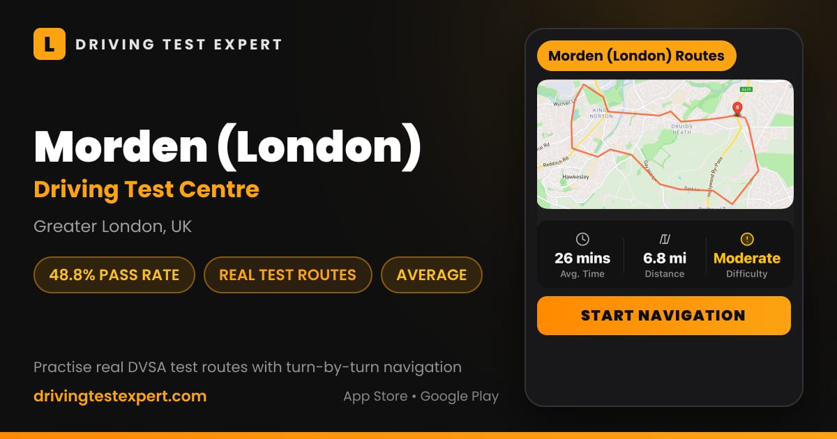 Morden (London) driving test centre – 48.8% pass rate, test routes and turn-by-turn navigation in the Test Routes Expert app (Greater London, UK)