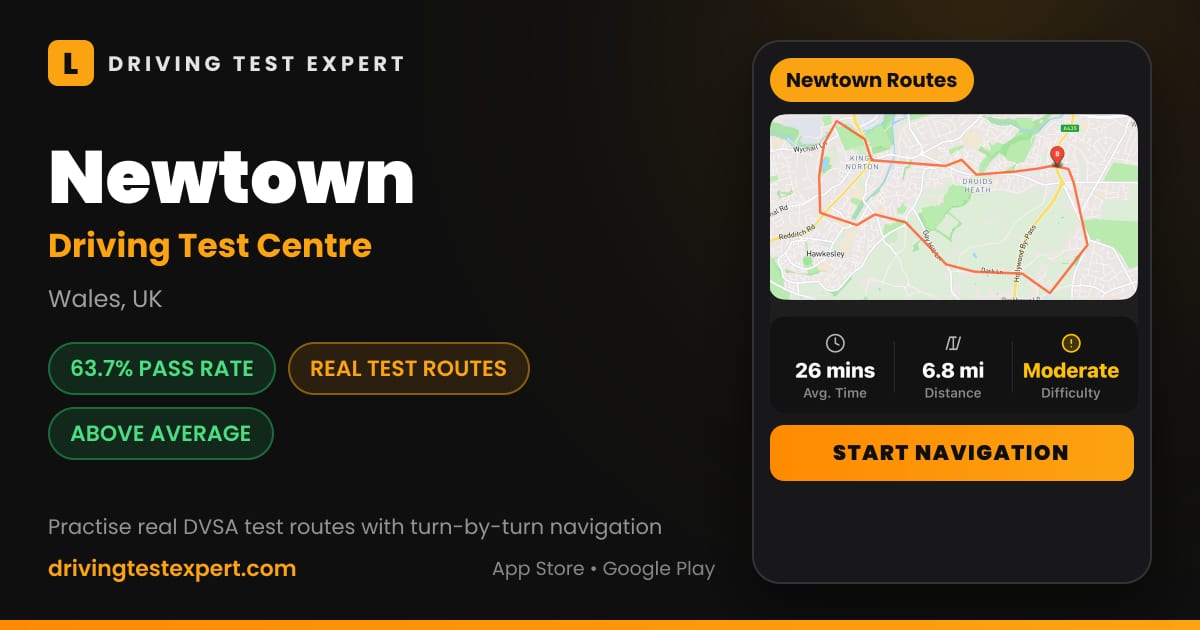 Newtown driving test centre – 63.7% pass rate, test routes and turn-by-turn navigation in the Test Routes Expert app (Wales, UK)