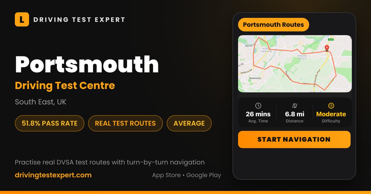 Portsmouth driving test centre – 51.8% pass rate, test routes and turn-by-turn navigation in the Test Routes Expert app (South East, UK)