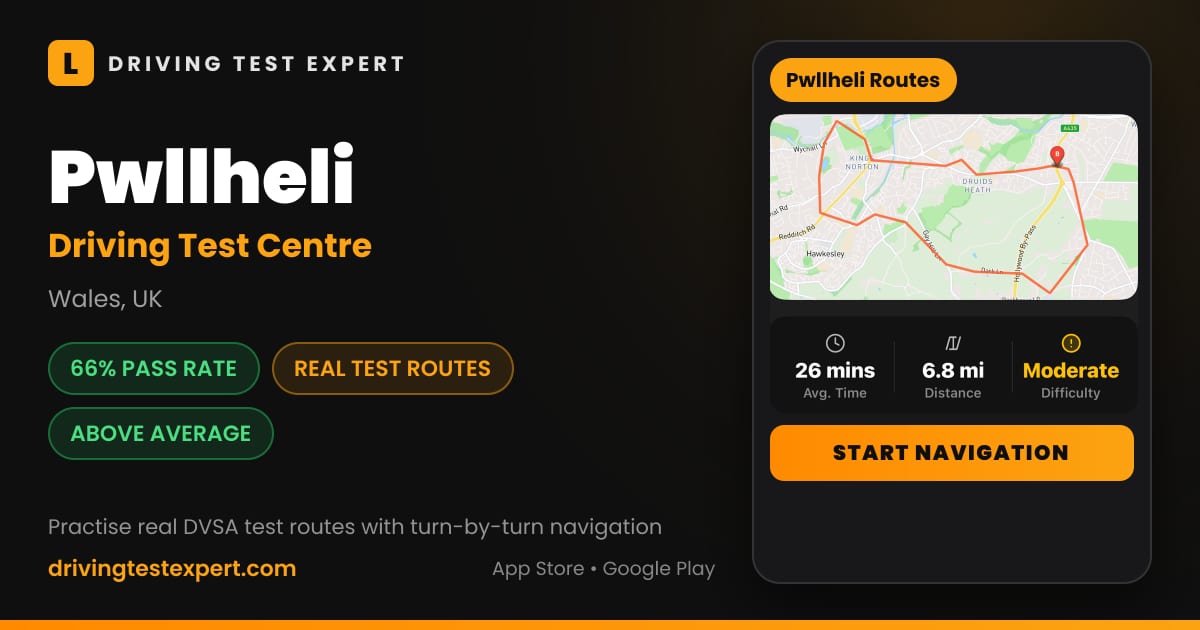 Pwllheli driving test centre – 66% pass rate, test routes and turn-by-turn navigation in the Test Routes Expert app (Wales, UK)