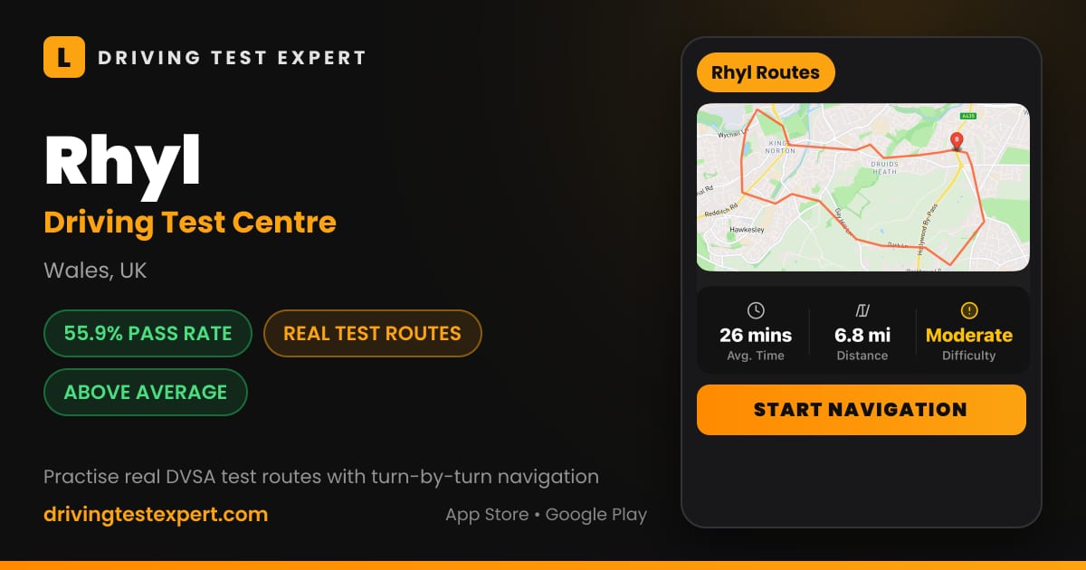 Rhyl driving test centre – 55.9% pass rate, test routes and turn-by-turn navigation in the Test Routes Expert app (Wales, UK)