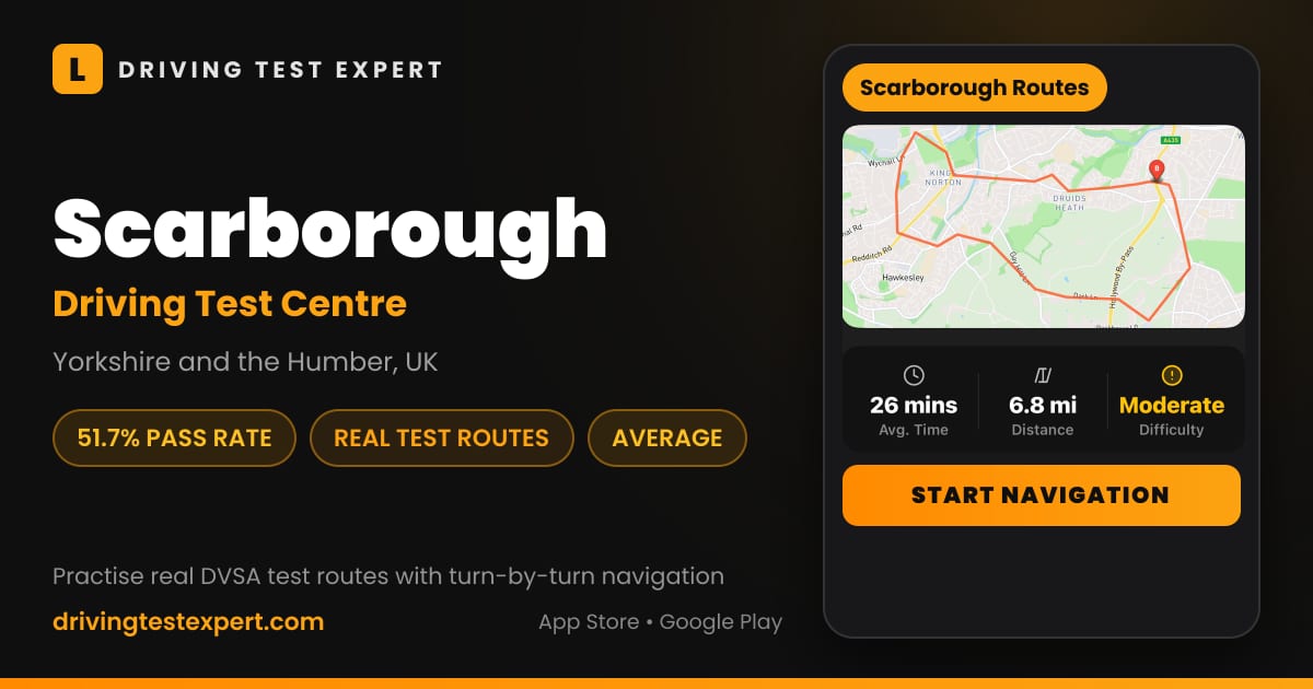 Scarborough driving test centre – 51.7% pass rate, test routes and turn-by-turn navigation in the Test Routes Expert app (Yorkshire and the Humber, UK)