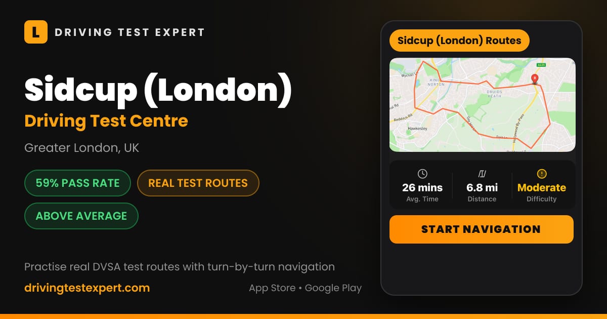 Sidcup (London) driving test centre – 59% pass rate, test routes and turn-by-turn navigation in the Test Routes Expert app (Greater London, UK)