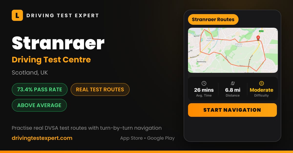 Stranraer driving test centre – 73.4% pass rate, test routes and turn-by-turn navigation in the Test Routes Expert app (Scotland, UK)
