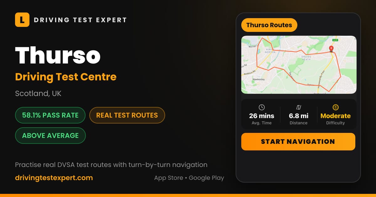 Thurso driving test centre – 58.1% pass rate, test routes and turn-by-turn navigation in the Test Routes Expert app (Scotland, UK)
