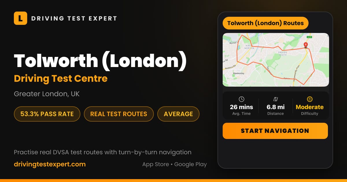 Tolworth (London) driving test centre – 53.3% pass rate, test routes and turn-by-turn navigation in the Test Routes Expert app (Greater London, UK)