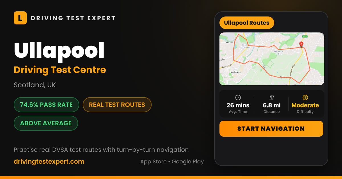 Ullapool driving test centre – 74.6% pass rate, test routes and turn-by-turn navigation in the Test Routes Expert app (Scotland, UK)