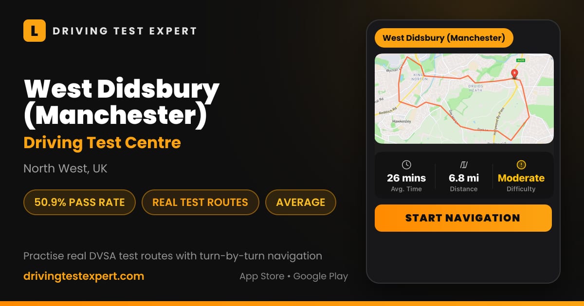 West Didsbury (Manchester) driving test centre – 50.9% pass rate, test routes and turn-by-turn navigation in the Test Routes Expert app (North West, UK)