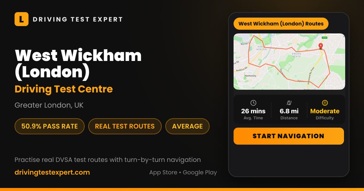 West Wickham (London) driving test centre – 50.9% pass rate, test routes and turn-by-turn navigation in the Test Routes Expert app (Greater London, UK)