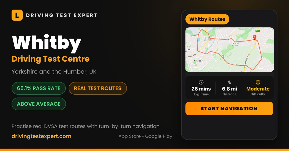Whitby driving test centre – 65.1% pass rate, test routes and turn-by-turn navigation in the Test Routes Expert app (Yorkshire and the Humber, UK)