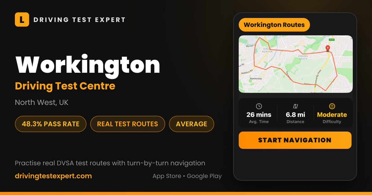 Workington driving test centre – 48.3% pass rate, test routes and turn-by-turn navigation in the Test Routes Expert app (North West, UK)
