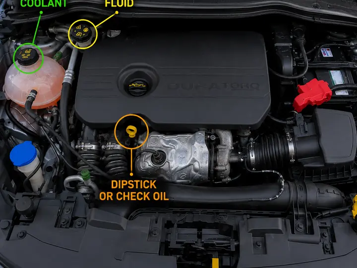 Under-bonnet overview showing key fluid checks
